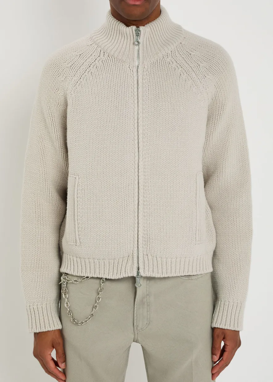 Ribbed merino wool zip-through cardigan