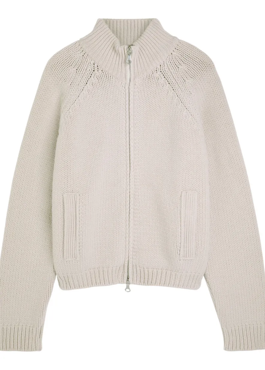 Ribbed merino wool zip-through cardigan