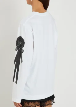 Ribbon rosette printed long-sleeve cotton T-shirt