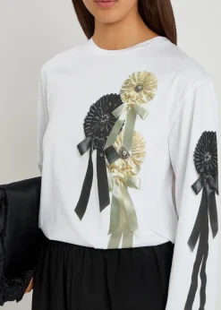 Ribbon rosette printed long-sleeve cotton T-shirt