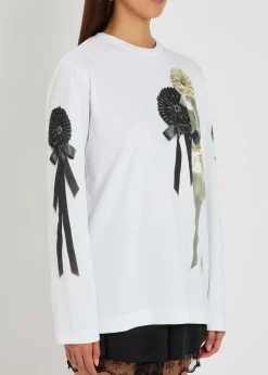 Ribbon rosette printed long-sleeve cotton T-shirt