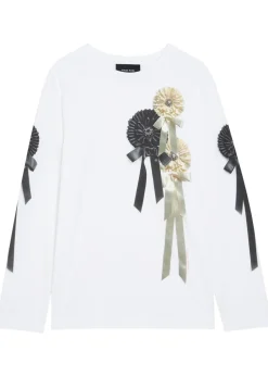 Ribbon rosette printed long-sleeve cotton T-shirt