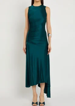 Ruched asymmetric stretch-jersey midi dress