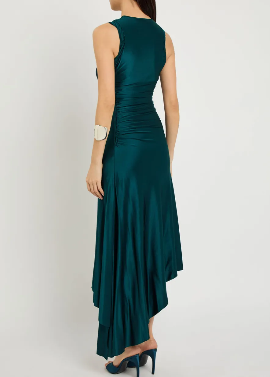 Ruched asymmetric stretch-jersey midi dress