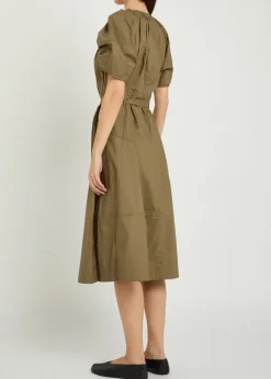 Ruched belted cotton-poplin midi dress