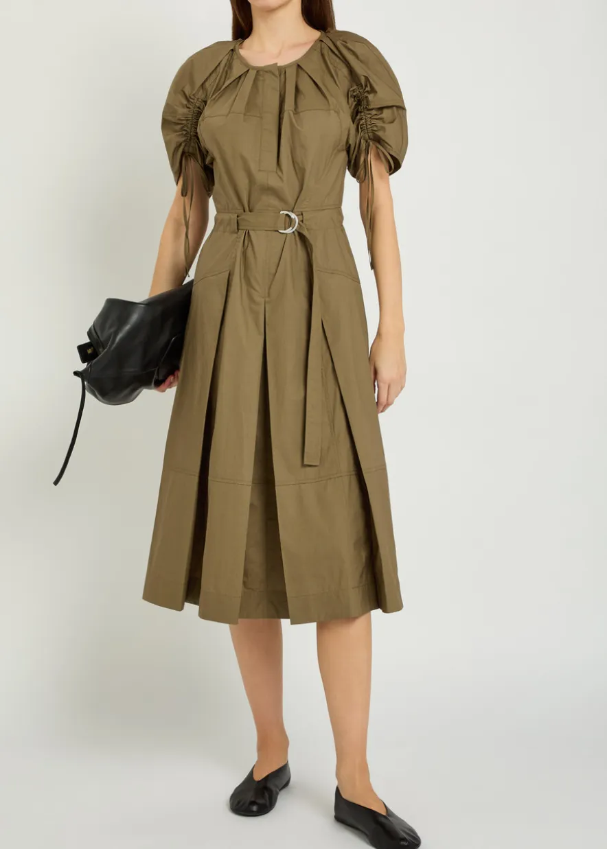 Ruched belted cotton-poplin midi dress