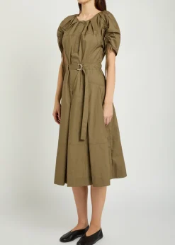 Ruched belted cotton-poplin midi dress