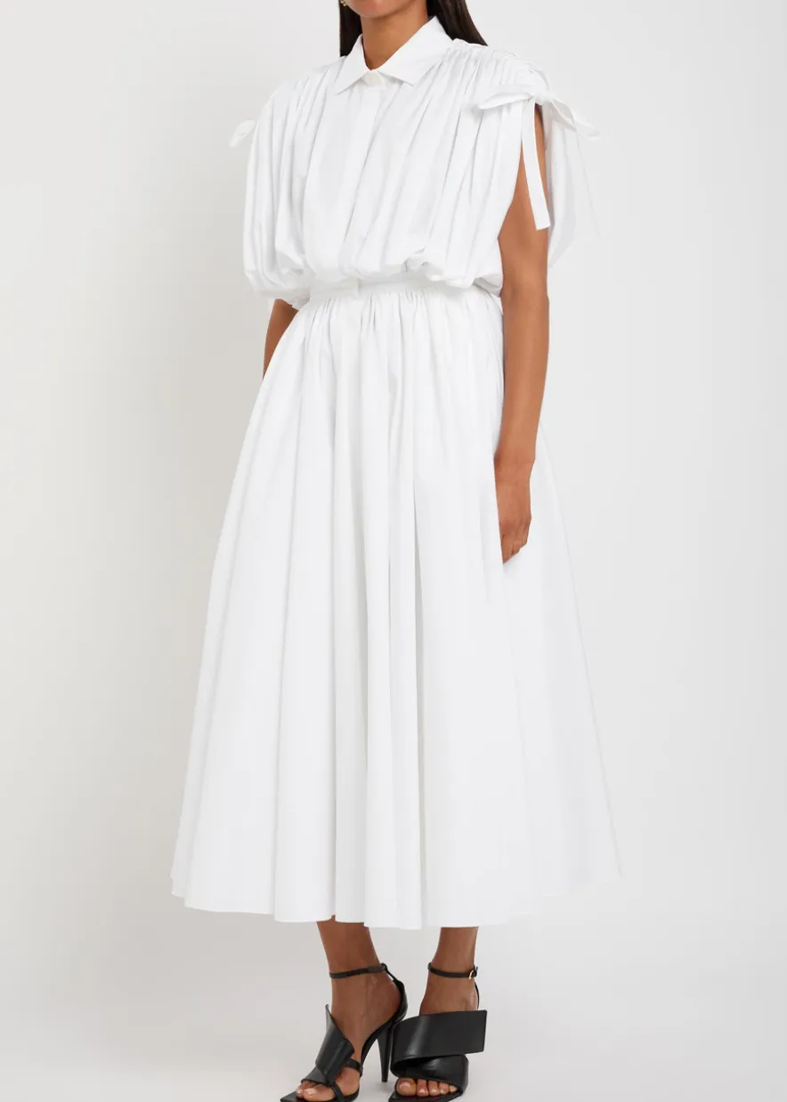 Ruched cotton-poplin midi shirt dress