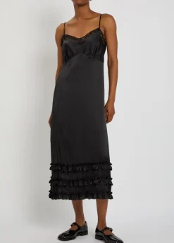Ruffled lace-trim satin midi slip dress