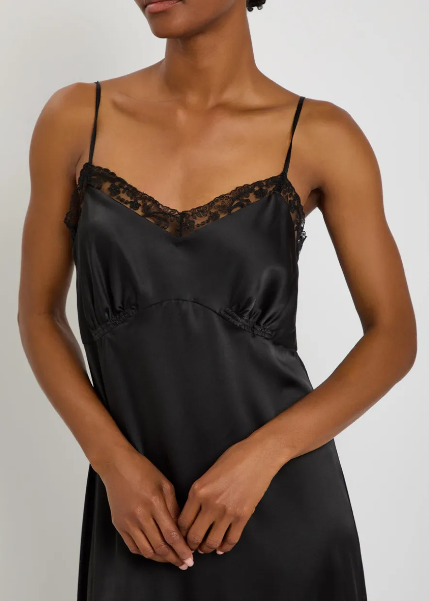 Ruffled lace-trim satin midi slip dress