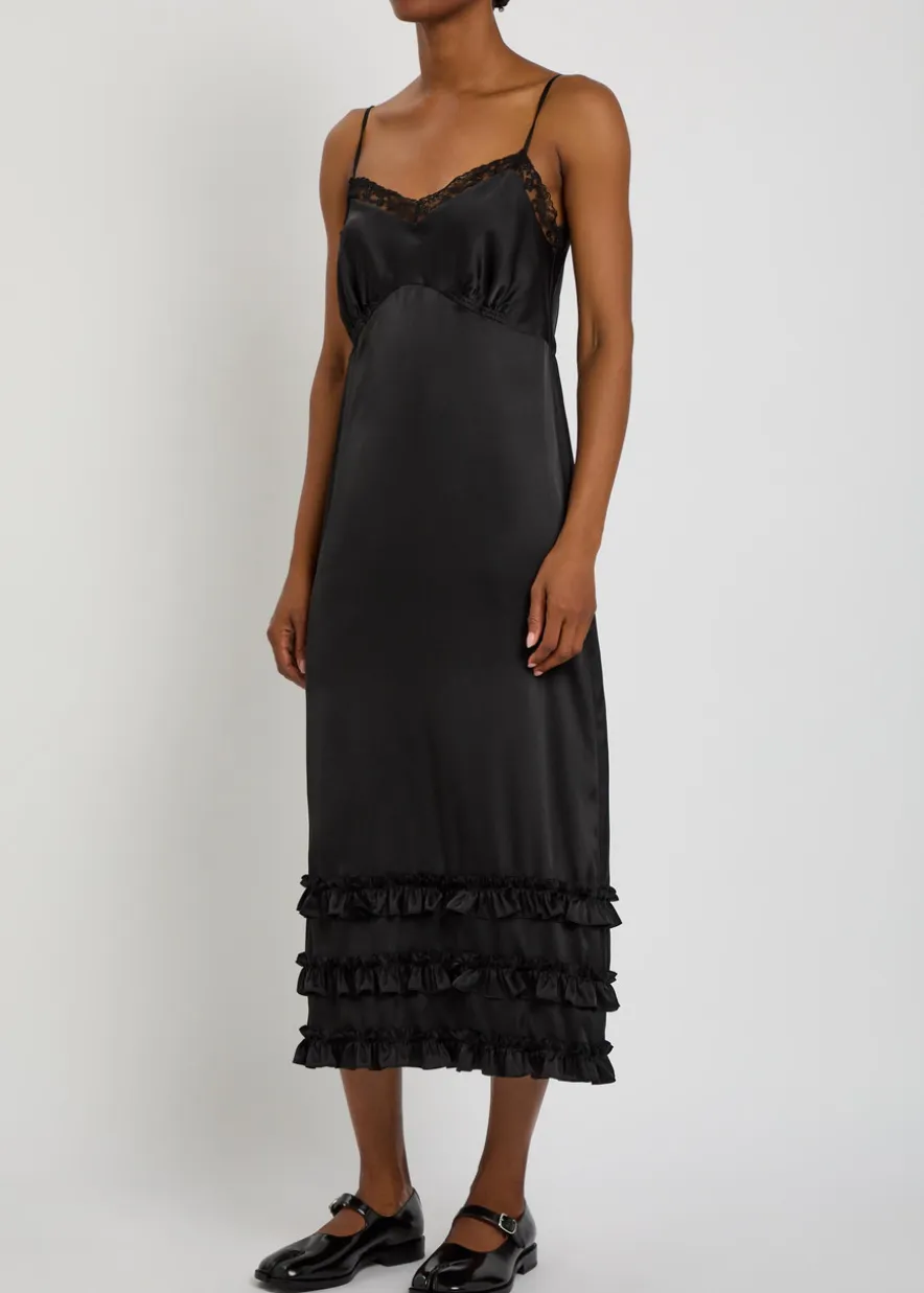 Ruffled lace-trim satin midi slip dress
