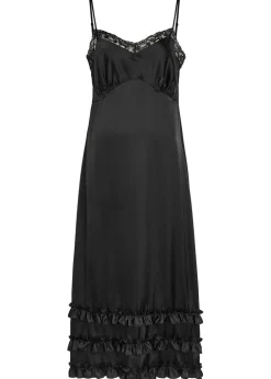 Ruffled lace-trim satin midi slip dress