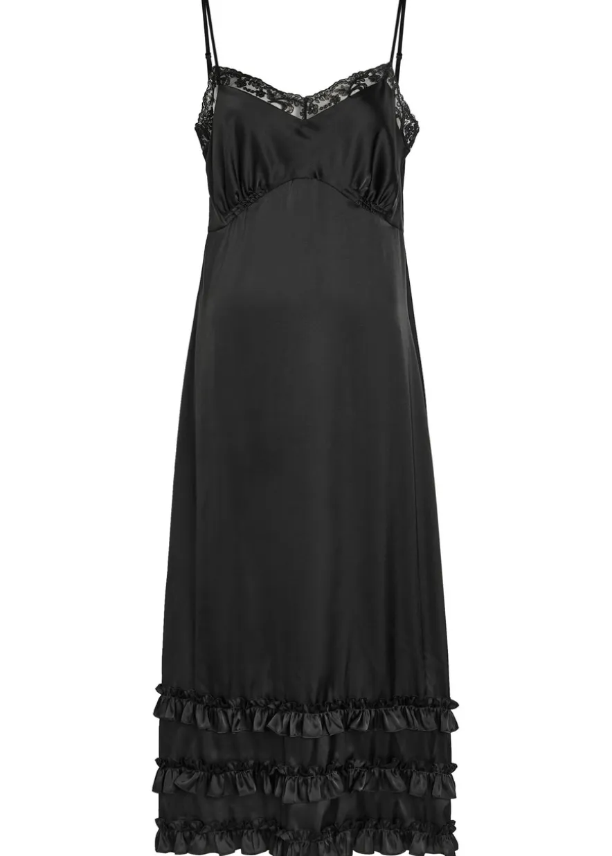 Ruffled lace-trim satin midi slip dress