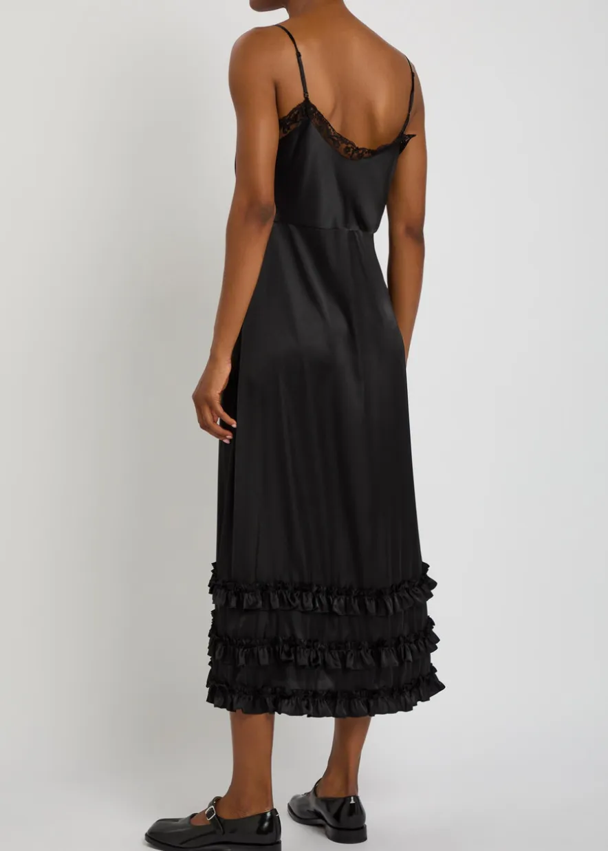 Ruffled lace-trim satin midi slip dress
