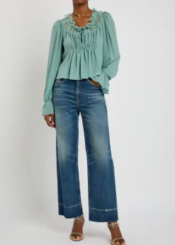 Ruffled lace-trim silk blouse