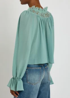 Ruffled lace-trim silk blouse