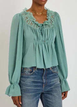 Ruffled lace-trim silk blouse