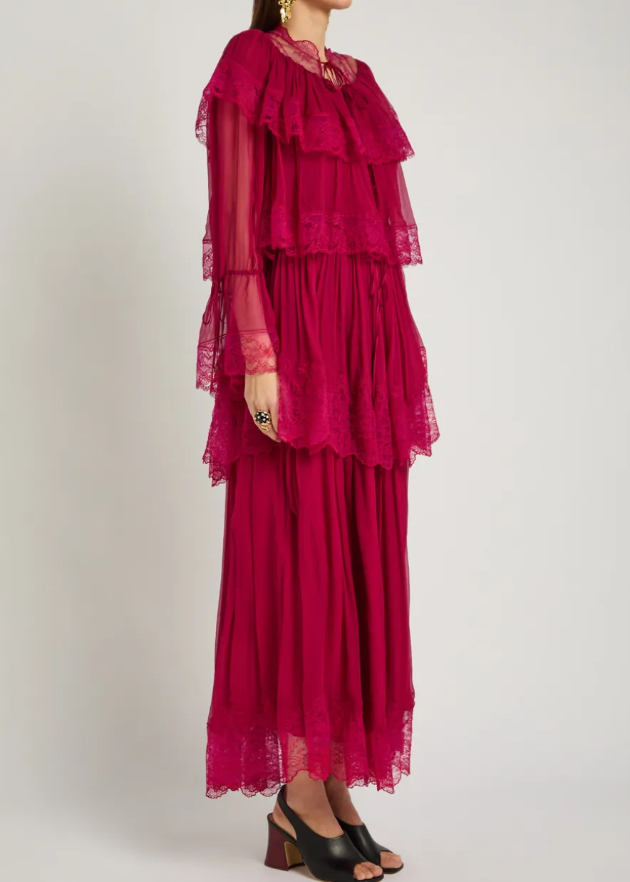 Ruffled lace-trim tiered silk maxi dress