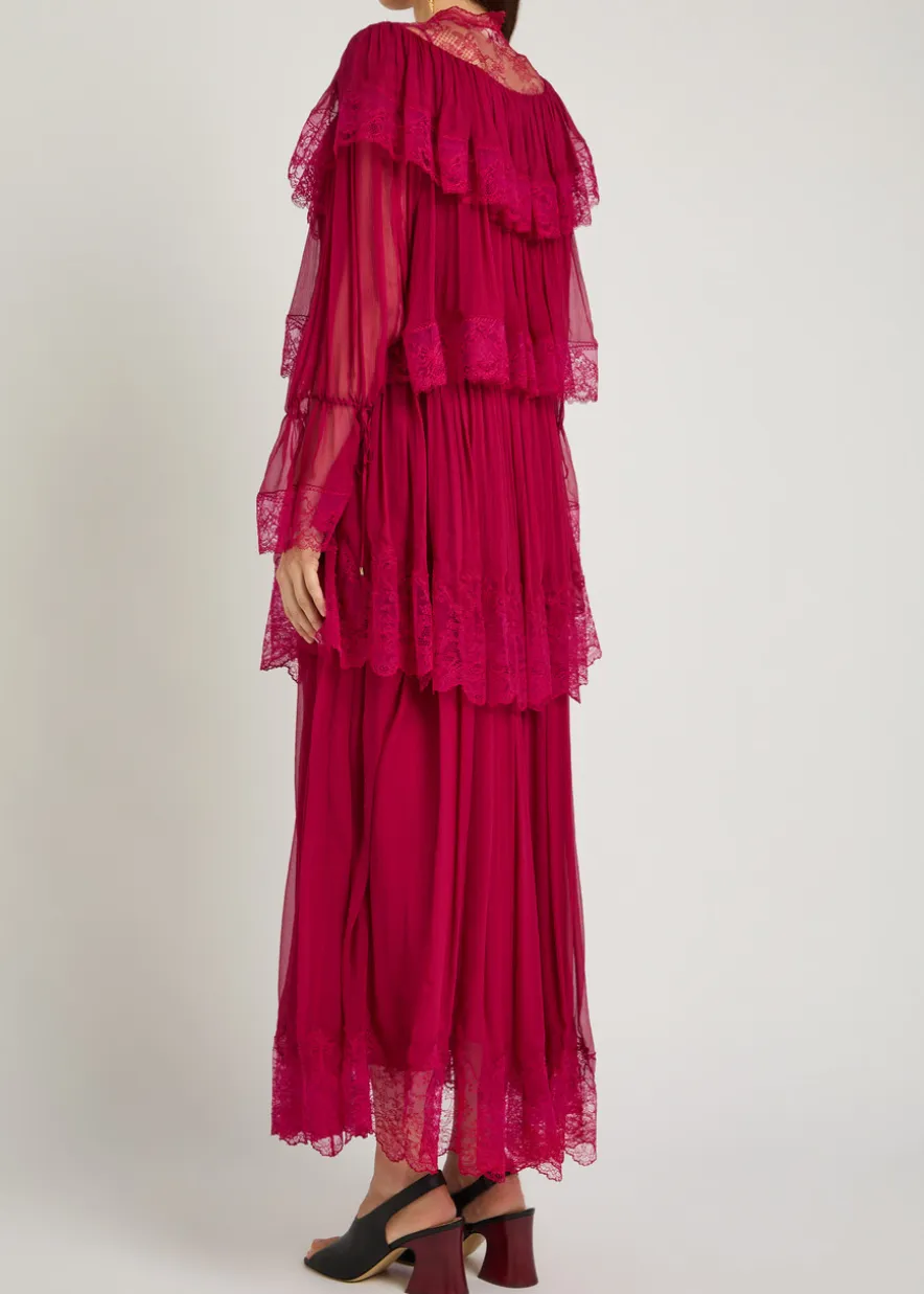 Ruffled lace-trim tiered silk maxi dress