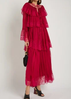 Ruffled lace-trim tiered silk maxi dress
