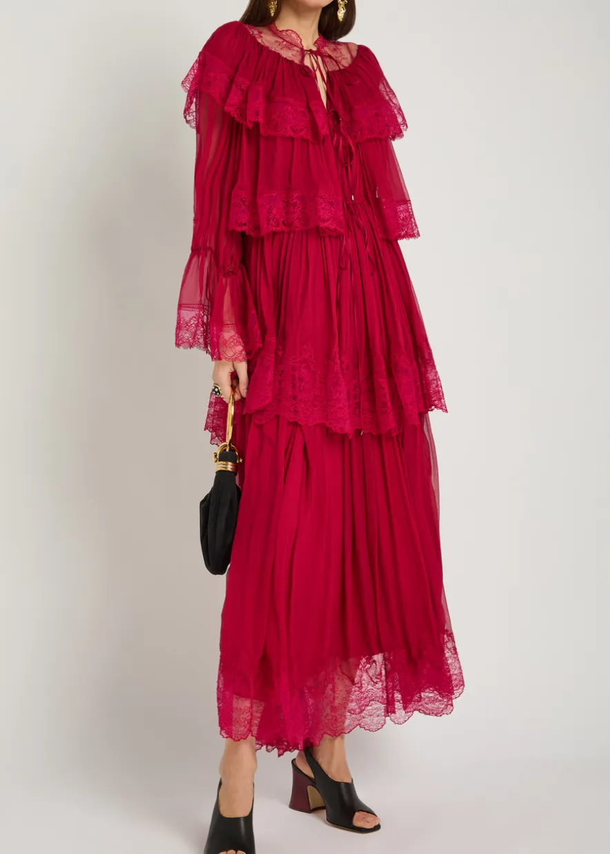 Ruffled lace-trim tiered silk maxi dress
