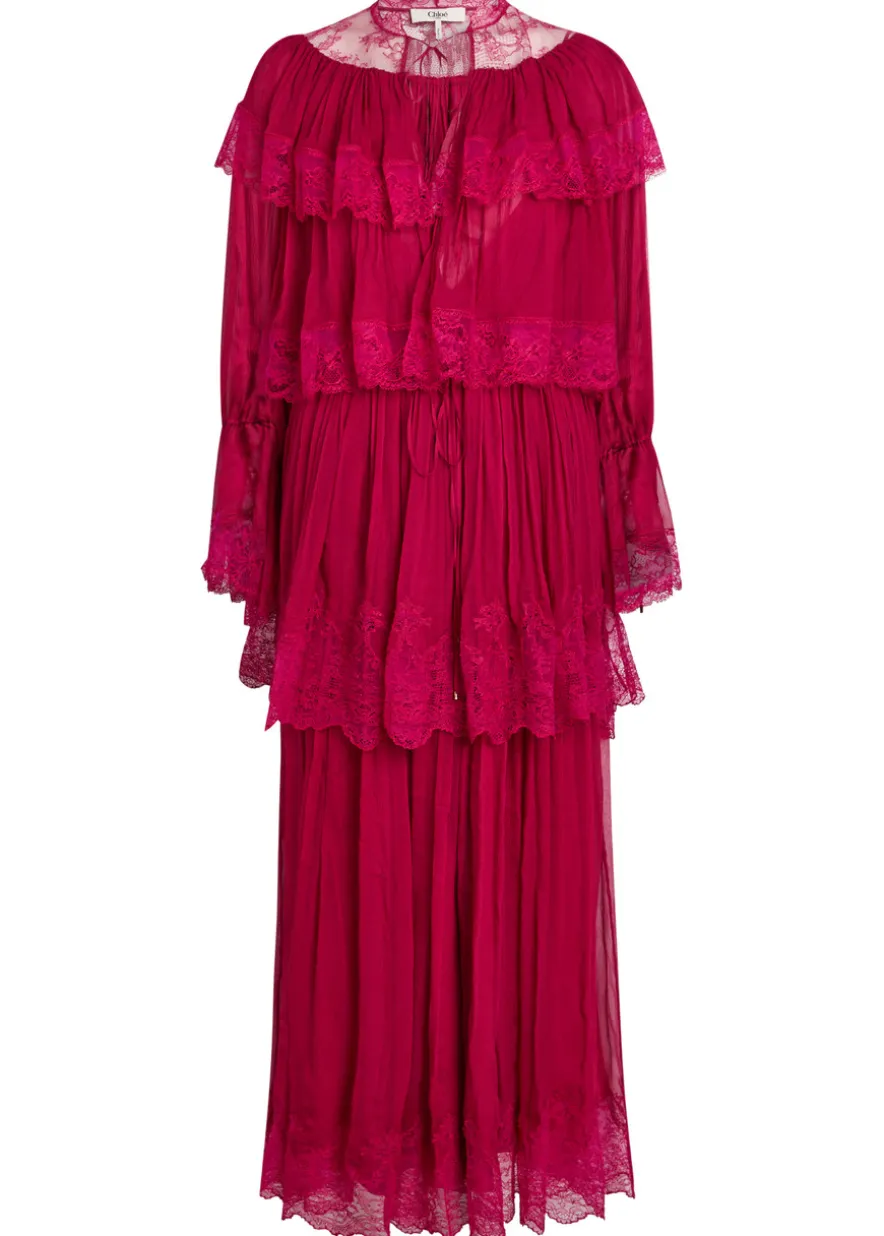 Ruffled lace-trim tiered silk maxi dress