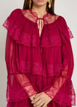 Ruffled lace-trim tiered silk maxi dress