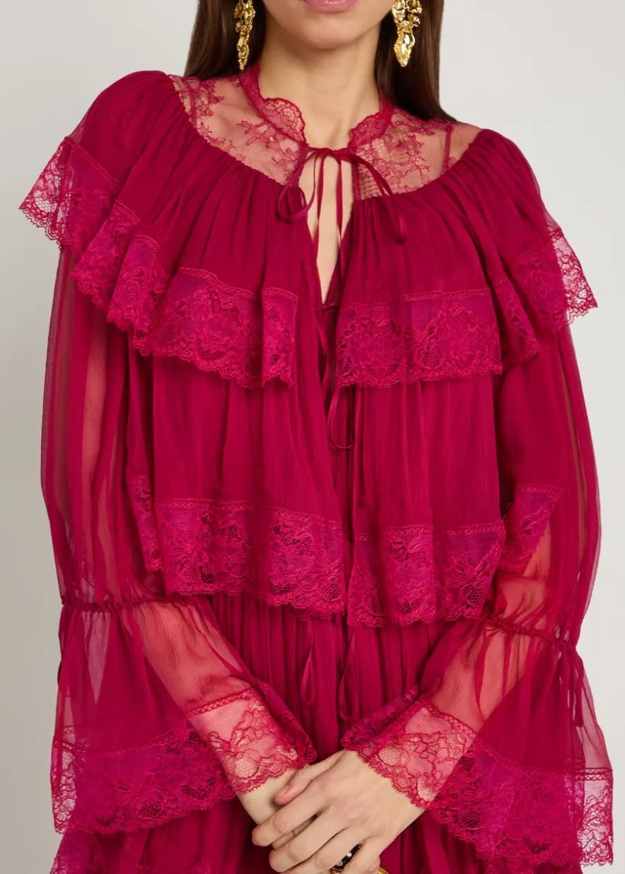 Ruffled lace-trim tiered silk maxi dress