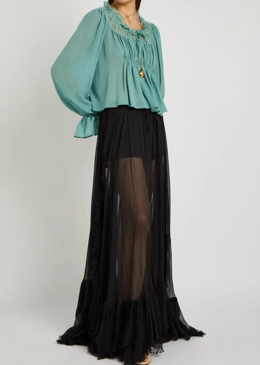 Ruffled sheer silk-chiffon maxi skirt