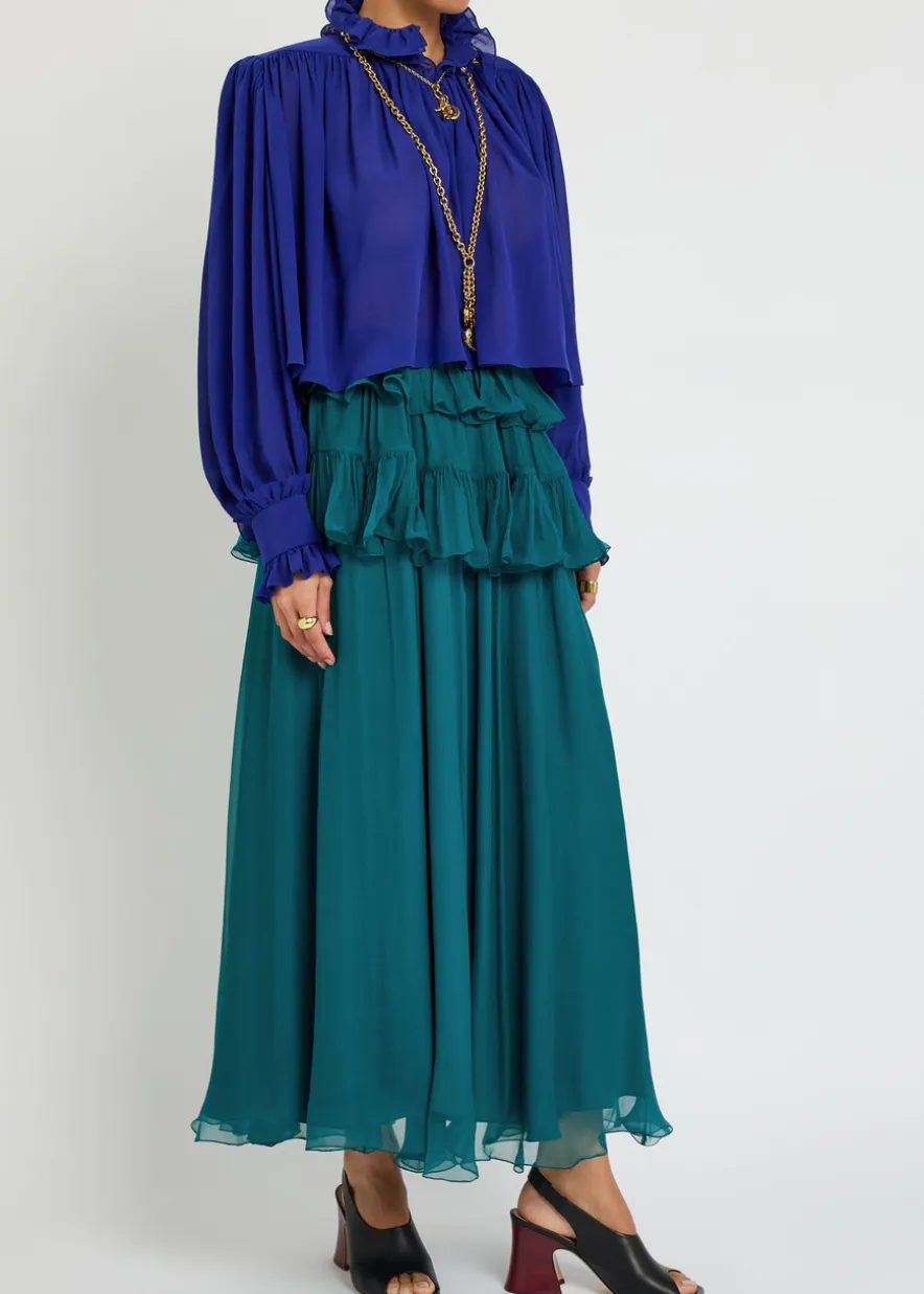 Ruffled silk maxi skirt