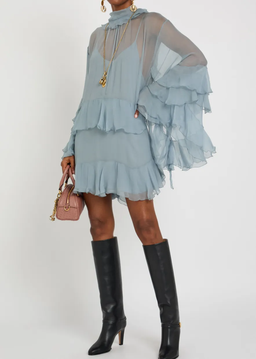 Ruffled tiered silk-chiffon mini dress