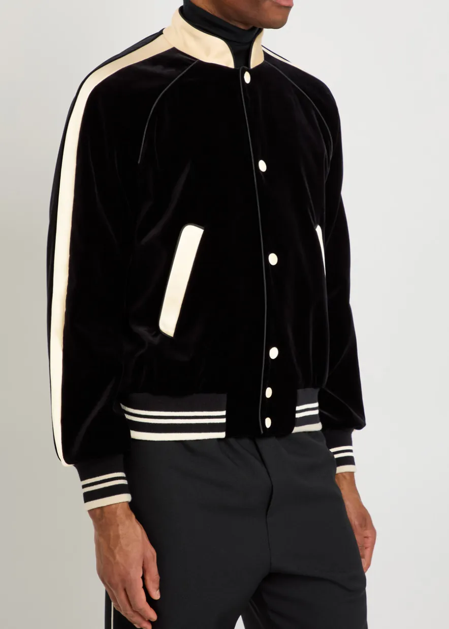 Satin-trim velvet bomber jacket