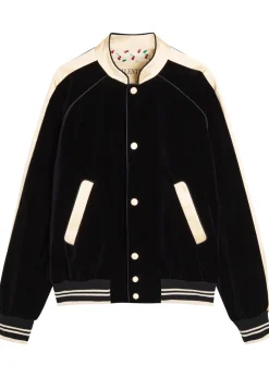 Satin-trim velvet bomber jacket