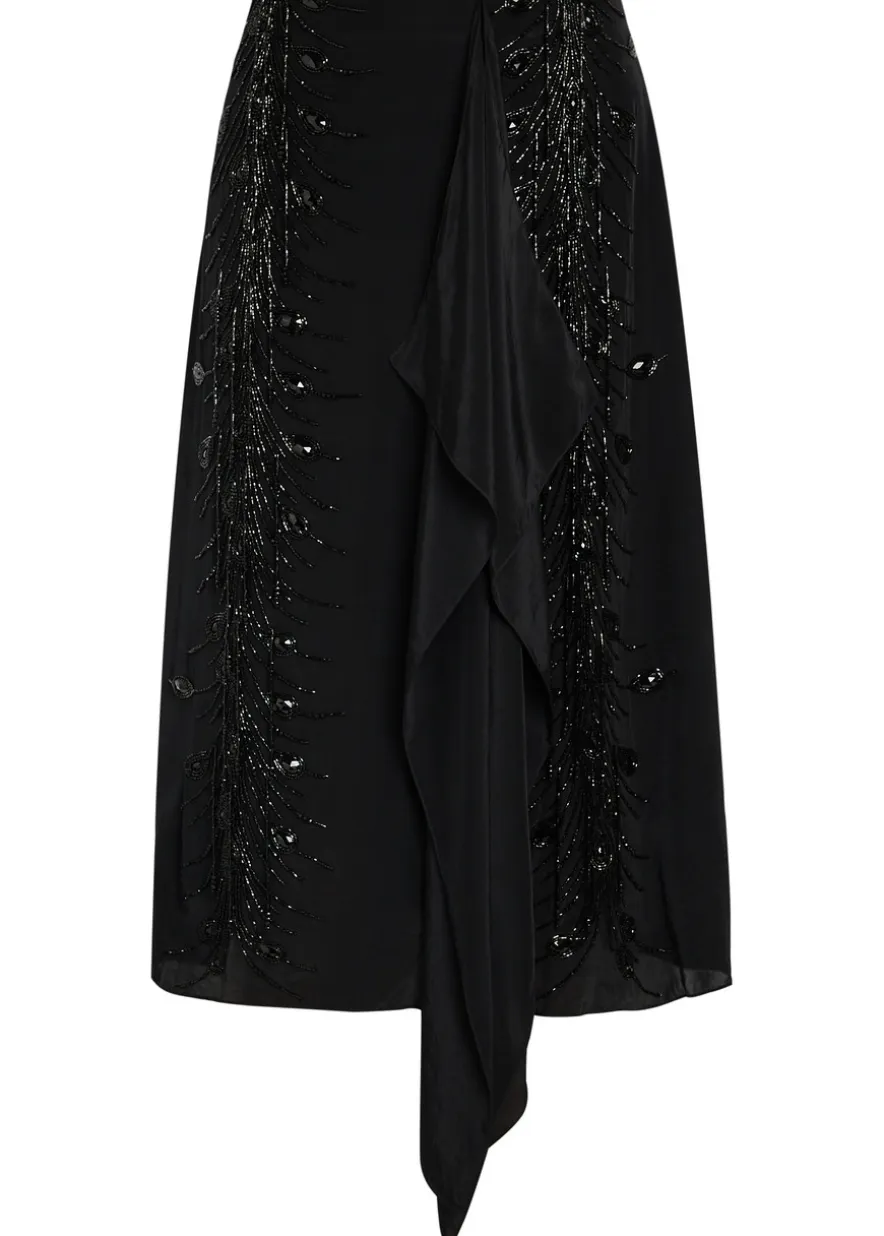 Scarf bead embellished satin midi skirt