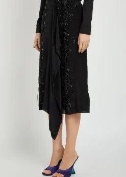 Scarf bead embellished satin midi skirt