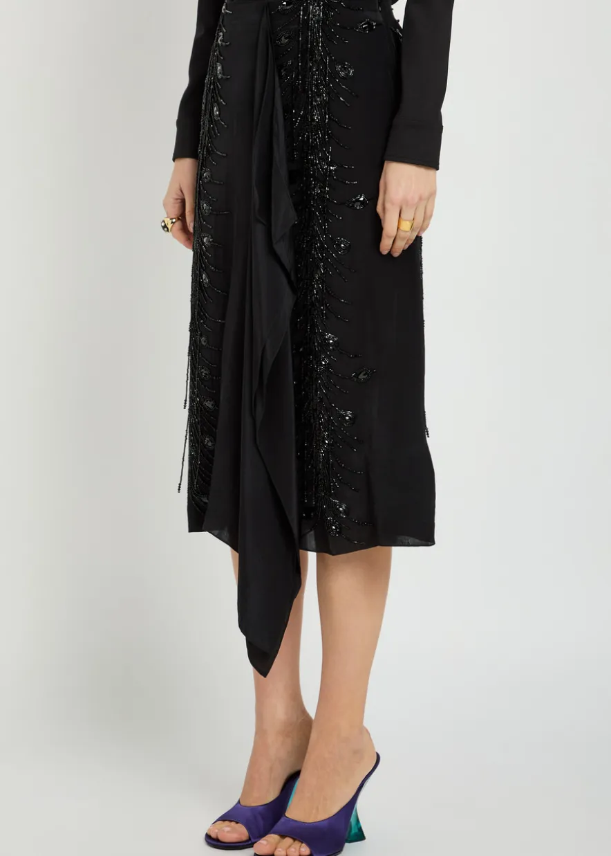 Scarf bead embellished satin midi skirt