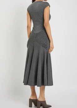 Sculpting ruched wool midi dress