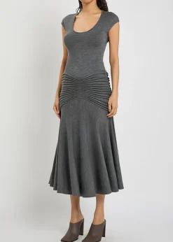 Sculpting ruched wool midi dress