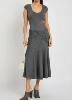 Sculpting ruched wool midi dress