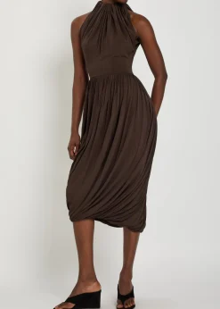 Sculpting ruched wool midi dress