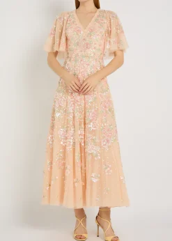 Sequin Bouquet embellished cape-effect tulle gown