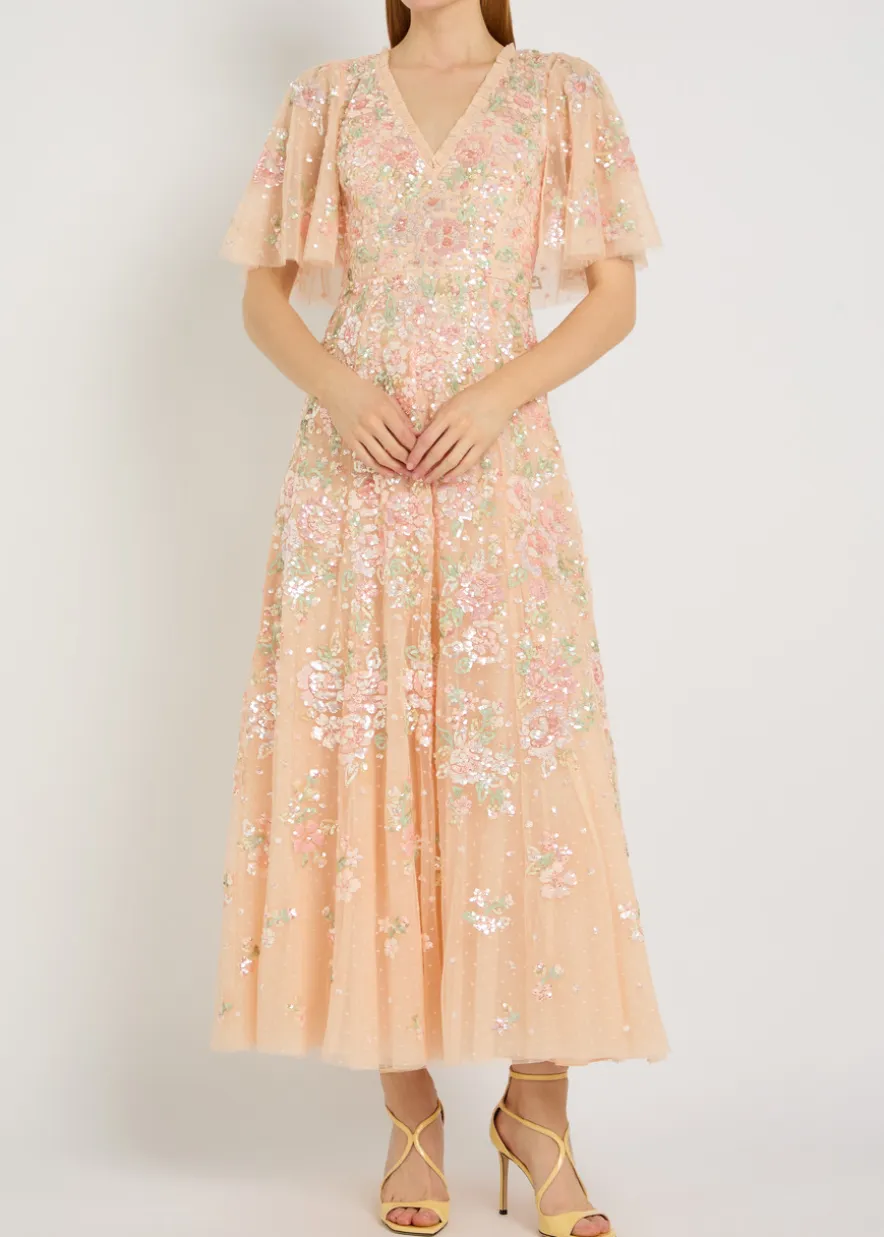 Sequin Bouquet embellished cape-effect tulle gown