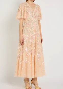 Sequin Bouquet embellished cape-effect tulle gown