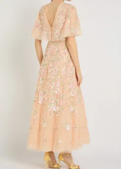 Sequin Bouquet embellished cape-effect tulle gown