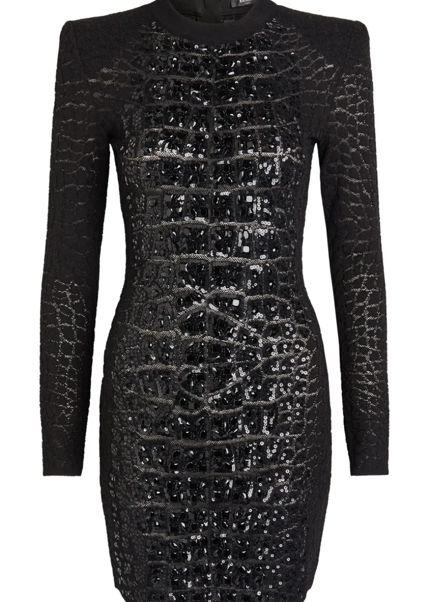 Sequin-embellished crocodile-knit mini dress