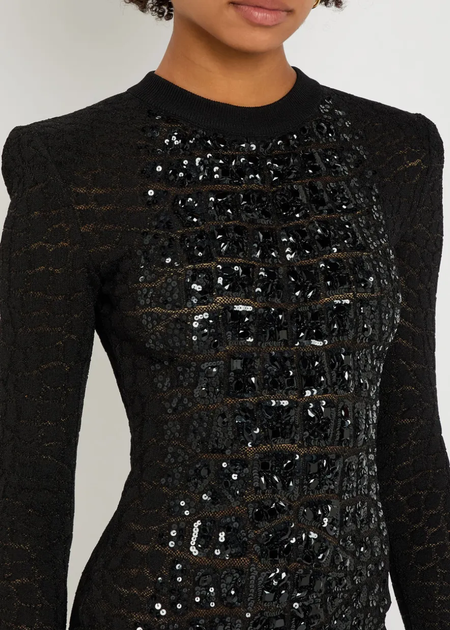 Sequin-embellished crocodile-knit mini dress