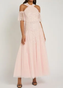 Sequin-embellished halterneck tulle gown