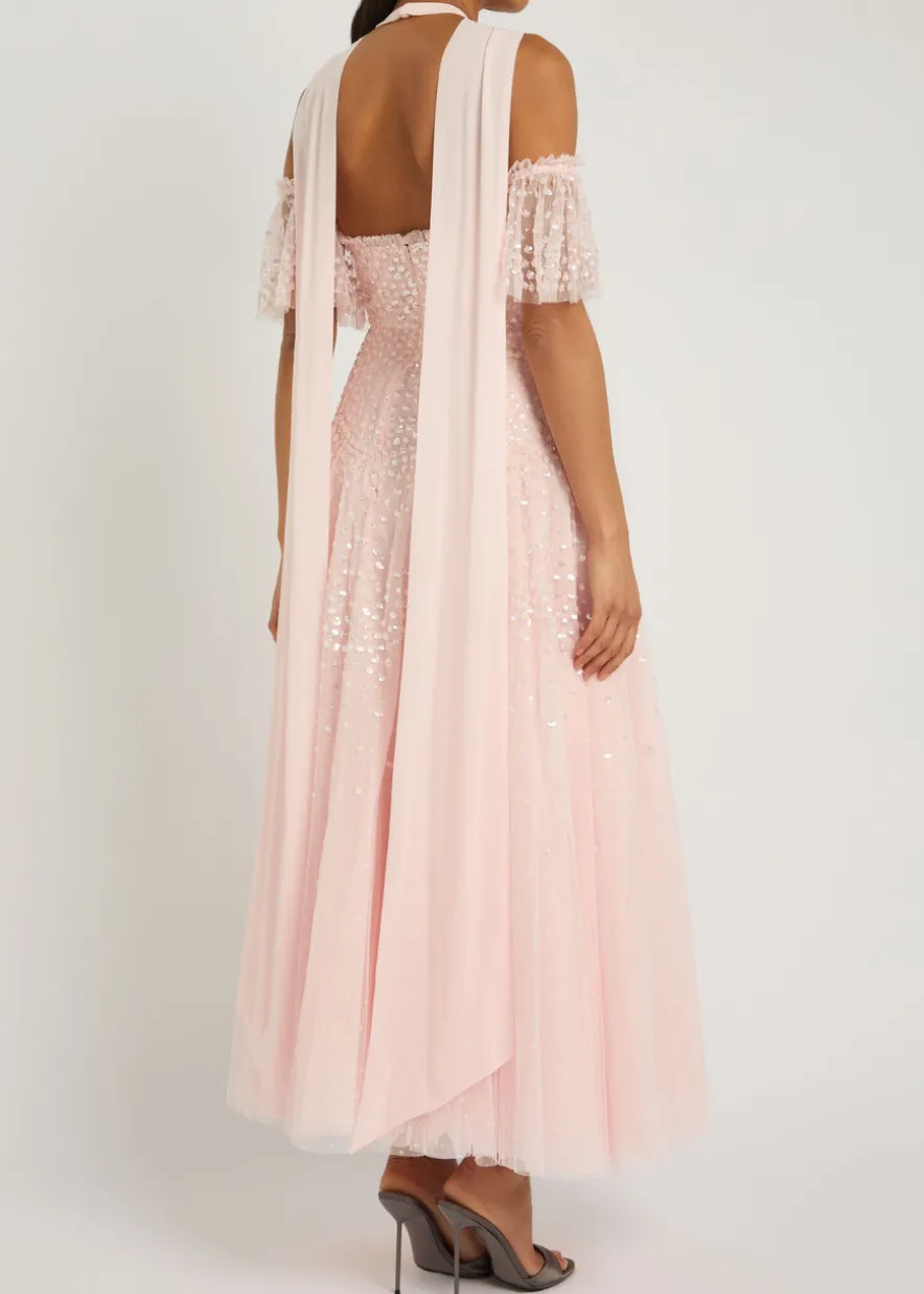 Sequin-embellished halterneck tulle gown