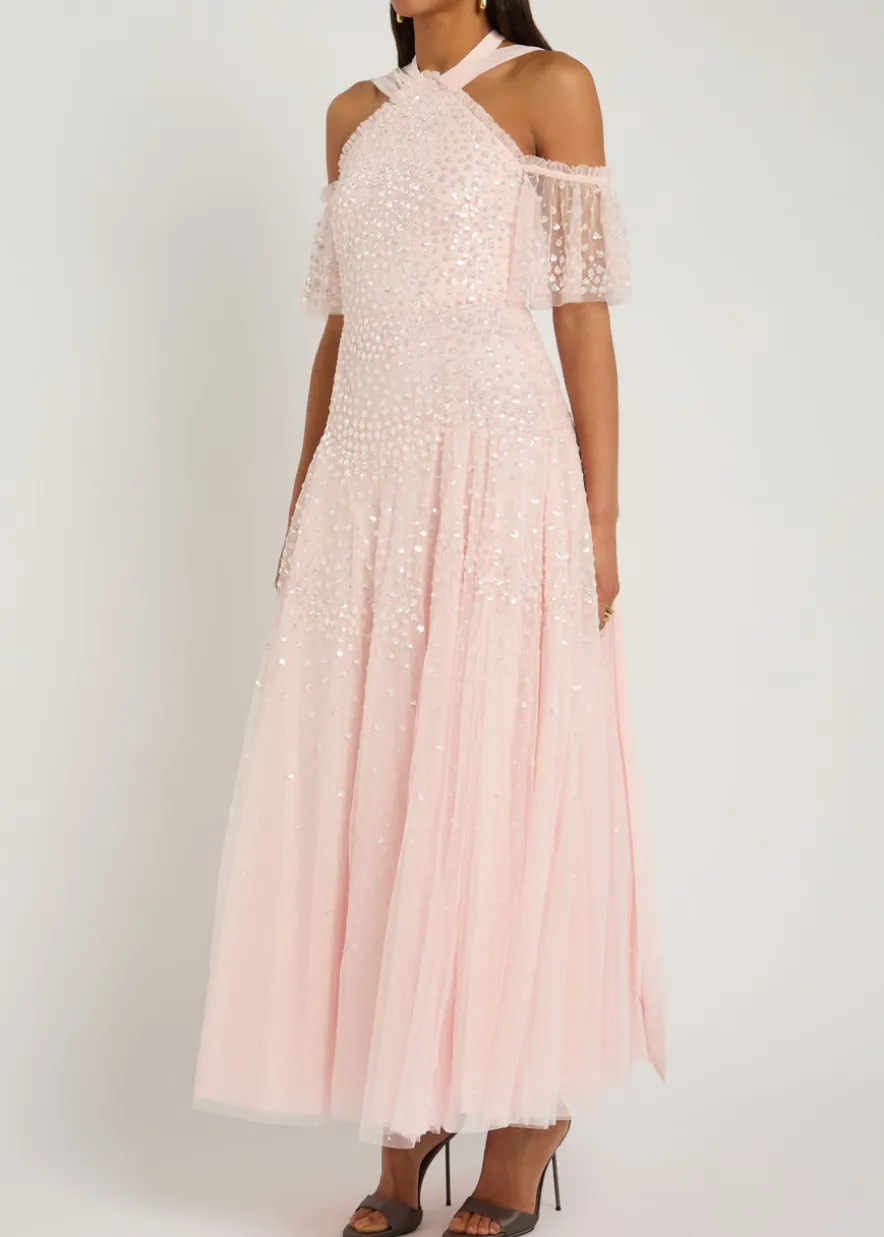Sequin-embellished halterneck tulle gown