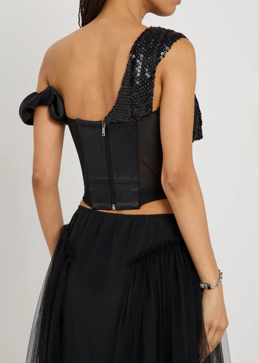 Sequin-embellished mesh corset top
